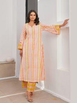 Tara-C-Tara - Women Yellow Stripped Cotton Kurta with Pant and Dupatta