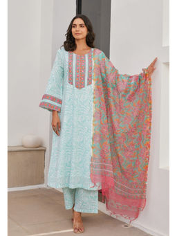 Tara-C-Tara - Women Blue Printed Round Neck Kurta with Pant and Dupatta