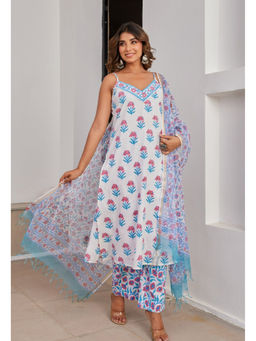 Tara-C-Tara - Blue Cotton Hand Block Printed Strappy Kurta Set with Dupatta