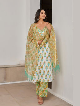 Tara-C-Tara - Green Cotton Hand Block Printed Strappy Kurta Set with Dupatta