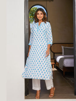 Tara-C-Tara - Cotton Blue Floral Buti Printed Kurta and Pant
