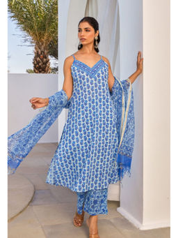 Tara-C-Tara - Women Blue Hand Block Printed Kurta with Pant and Dupatta