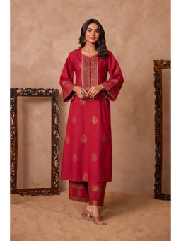 Tara-C-Tara - Women Cotton Dobby Maroon Hand Block Gold Printed Kurta and Palazzos