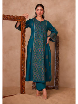 Tara-C-Tara - Women Teal Cotton Hand Block Gold Printed Kurta and Palazzos
