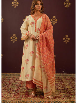 Tara-C-Tara - Beige Chanderi Hand Block Printed Suit Set with Dupatta