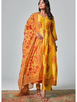 Tara-C-Tara - Chanderi Hand Block Printed Yellow Kurta with Pant and Dupatta