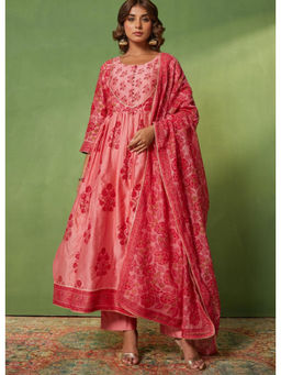 Tara-C-Tara - Pink Chanderi Hand Block Printed Kurta with Pant and Dupatta