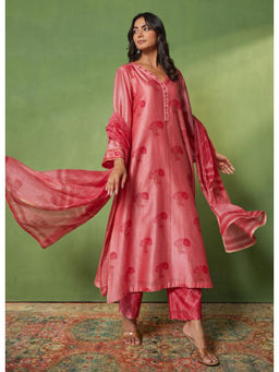 Tara-C-Tara - Pink Chanderi Block Printed Kurta and Pant with Dupatta