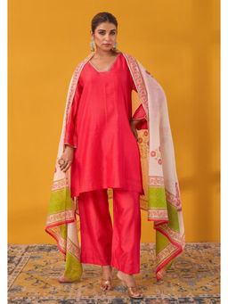 Tara-C-Tara - Red Chanderi Hand Block Printed Kurta and Palazzos with Dupatta