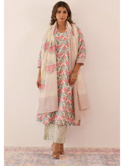 Tara-C-Tara - Chanderi Hand Block Printed Ivory Kurta with Palazzo and Dupatta