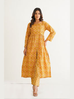 Tara-C-Tara - Yellow Cotton Hand Block Printed Kurta with Pant