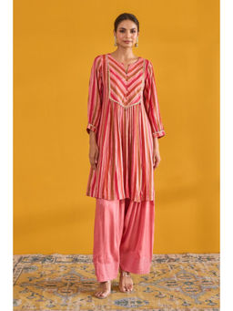 Tara-C-Tara - Hand Block Printed Peach Anarkali with Palazzo