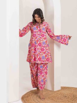 Tara-C-Tara - Pink Floral Cotton Kurta and Salwar Co-Ord Set