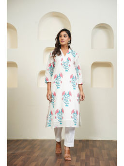 Tara-C-Tara - Hand Block Floral Printed White Kurta