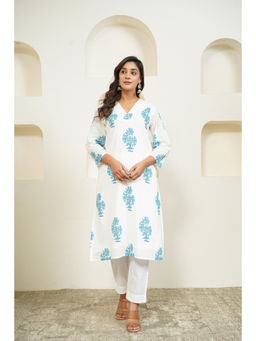 Tara-C-Tara - Hand Block Floral Printed White Kurta