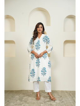 Tara-C-Tara - Hand Block Floral Buta Printed White Kurta