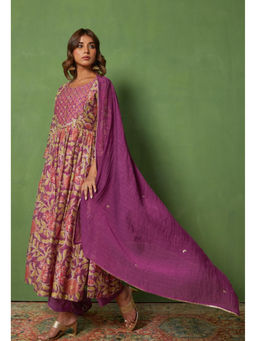 Tara-C-Tara - Floral Elegance Hand Block Printed Purple Kurta and Pant with Dupatta