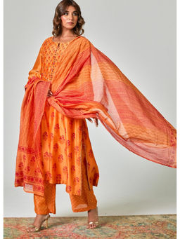 Tara-C-Tara - Orange Floral Chanderi Hand Block Printed Kurta with Pant and Dupatta