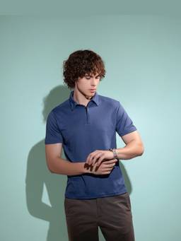 Psyched - Men Blue Cotton Regular Textured Polo T-Shirt