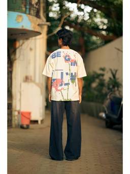 Psyched - Men Off White Cotton Blend Oversized Graphic T-Shirt