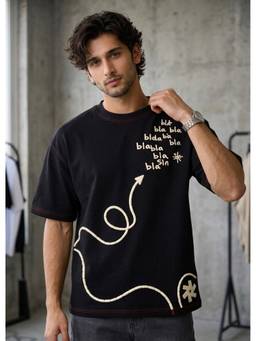 Psyched - Men Black Cotton Blend Oversized Graphic T-Shirt