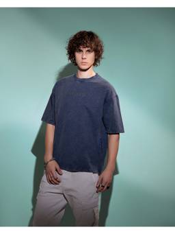 Psyched - Men Blue Cotton Blend Oversized Solid T-Shirt