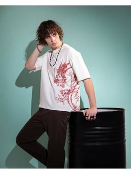 Psyched - Men White Cotton Blend Oversized Graphic T-Shirt