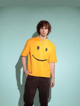 Psyched - Men Orange Cotton Blend Oversized Graphic T-Shirt