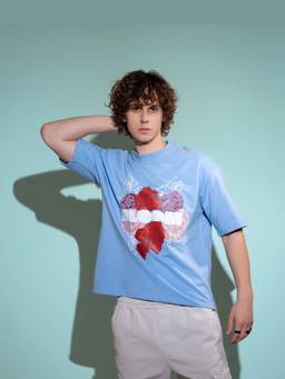 Psyched - Men Blue Cotton Blend Oversized Graphic T-Shirt