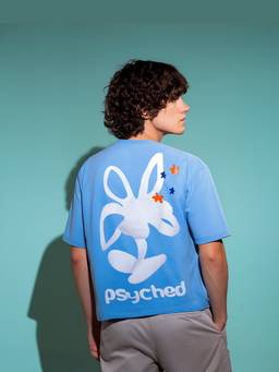Psyched - Men Blue Cotton Blend Oversized Graphic T-Shirt