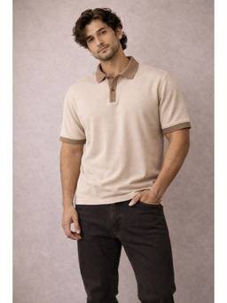 Psyched - Men Beige Jacquard Polyester Regular Textured Polo T-Shirt