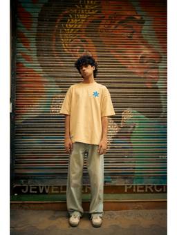 Psyched - Men Beige Cotton Blend Oversized Solid T-Shirt