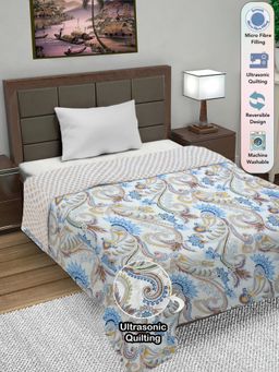 FABINALIV - White Floral Ultrasonic Quilted Reversible Ac Room Single Bed Comforter (Single)