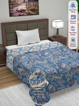 FABINALIV - Blue Floral Ultrasonic Quilted Reversible Ac Room Single Bed Comforter (Single)