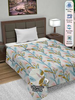 FABINALIV - White Floral Ultrasonic Quilted Reversible Ac Room Single Bed Comforter (Single)