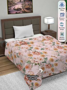 FABINALIV - Pink Floral Ultrasonic Quilted Reversible Ac Room Single Bed Comforter (Single)