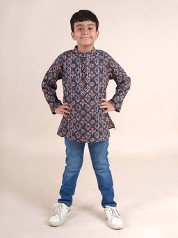 KiddoPanti - Boys Navy Blue Short Kurta and Denim Jeans (Set of 2)
