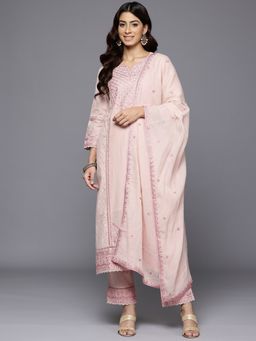 Varanga - Pink Floral Thread Embroidered Embellished Kurta with Trouser and Dupatta (Set of 3)