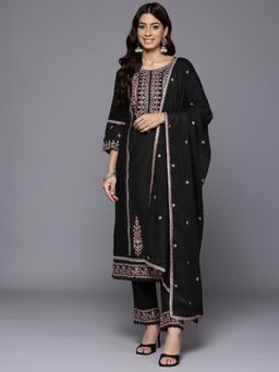 Varanga - Women Black Thread Embroidered Embellished Kurta with Trouser and Dupatta (Set of 3)