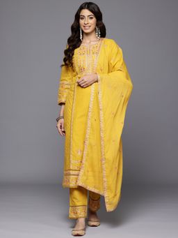 Varanga - Women Yellow Thread Embroidered Embellished Kurta with Trouser and Dupatta (Set of 3)