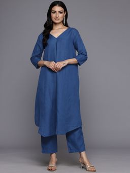 Varanga - Women Blue Solid A-Line Kurta Paired with Tonal Trouser (Set of 2)