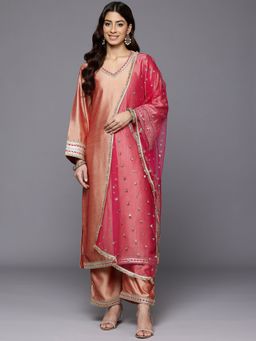 Varanga - Women Peach Gota Embellished Kurta with Trouser and Dupatta (Set of 3)