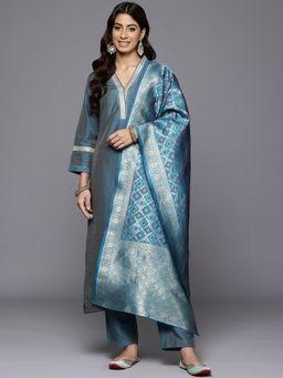 Varanga - Blue Gota and Lace Embellished Kurta with Trouser and Printed Dupatta (Set of 3)