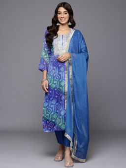 Varanga - Blue Bandhani Printed Zari Embroidered Kurta with Trouser and Dupatta (Set of 3)