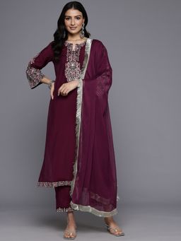 Varanga - Purple Round Neck Embroidered Kurta with Embroidered Trouser and Dupatta (Set of 3)