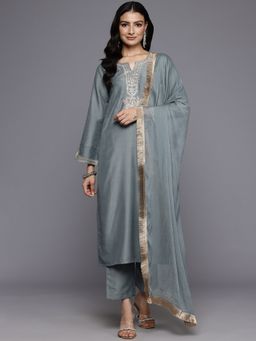 Varanga - Grey Zari Embroidered Sequins Embellished Kurta with Trouser and Dupatta (Set of 3)