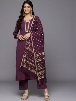 Varanga - Women Purple Gota Lace Kurta with Trouser and Dupatta (Set of 3)