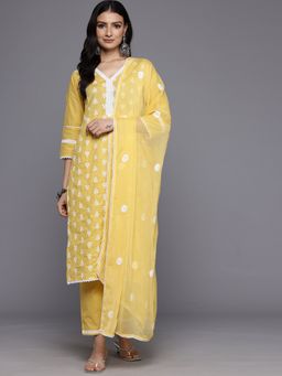 Varanga - Women Yellow Embroidered Kurta with Trouser and Dupatta (Set of 3)