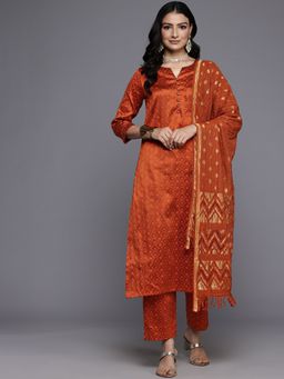 Varanga - Women Rust Woven Design Gotta Embellished Kurta with Trouser and Dupatta (Set of 3)