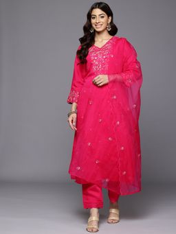 Varanga - Women Pink Thread Embroidered Detailed Kurta with Trouser and Dupatta (Set of 3)